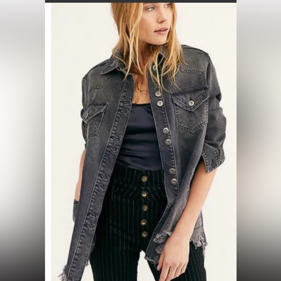 Free People Charcoal Denim Jacket oversized - Picture 3 of 11